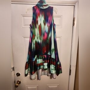 Belle Badgley Mischka Hadley Satin Mock Neck Bow Sleeveless High Low Dress